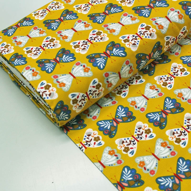 Dressmaking Needlecord – Yellow – Fluttering Butterfly