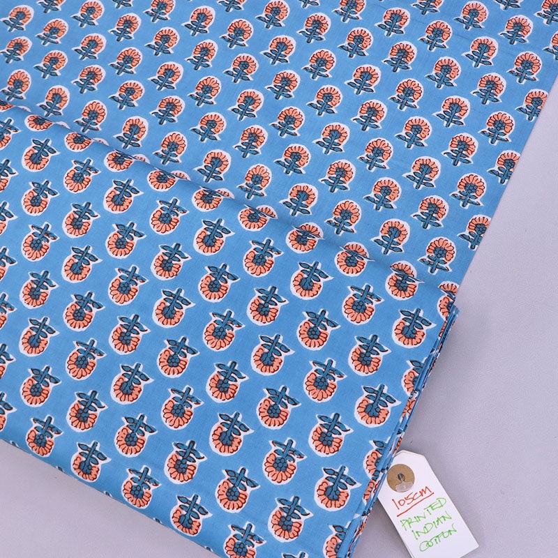 Indian Printed Cotton – Floral – Blue and Orange