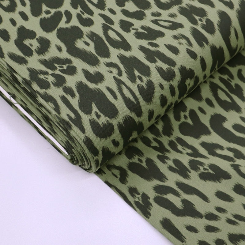 Stretch Cotton Twill – Khaki Green – Leopard Print