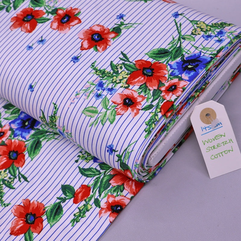 Woven Stretch Cotton – White and Blue Stripe – Red Flower