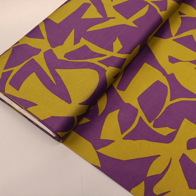 100CM REMNANT Cotton Sateen – Purple and Mustard – Broken Palms