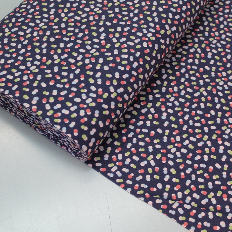 115CM REMNANT Navy Brushed Cotton – Spotty – Pink and Green