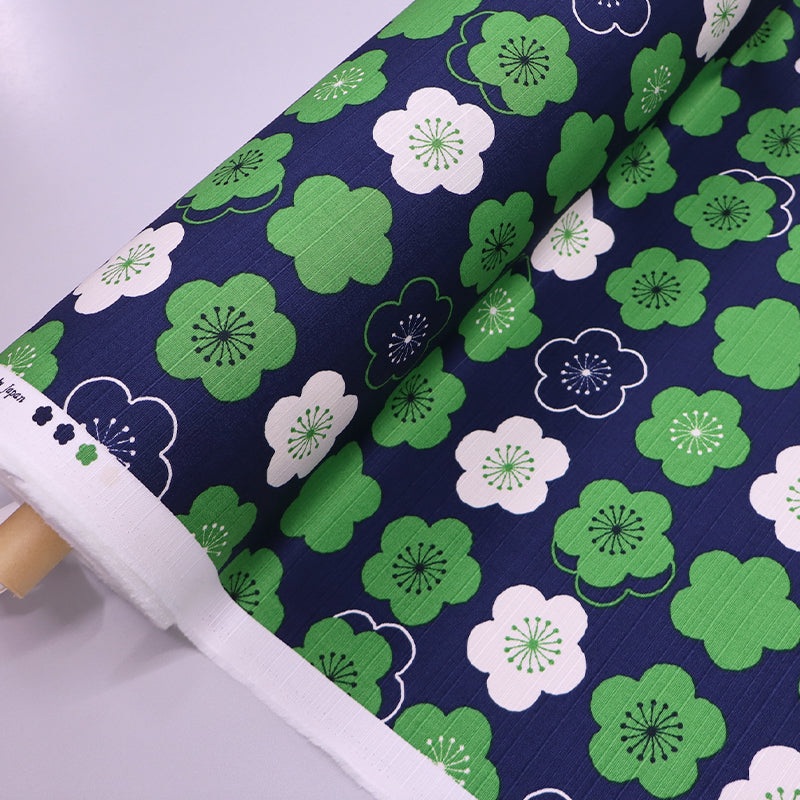 Textured Cotton – Bark Cloth – Navy and Green – Quant Flower