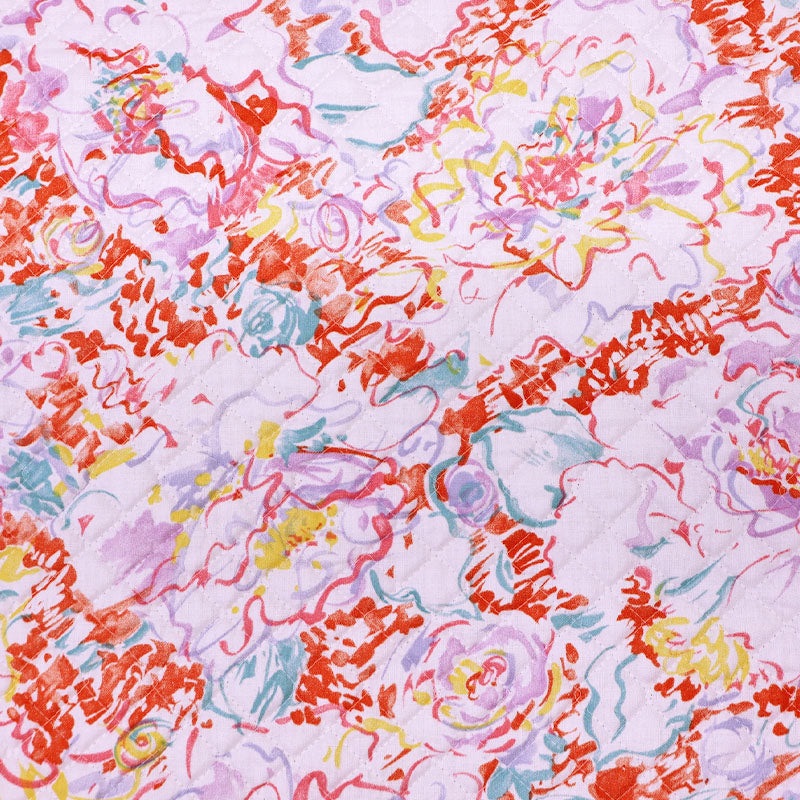 Vintage Floral Quilted Cotton – Scribble Flower – Orange and Lilac