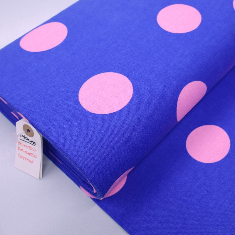 Brushed Cotton – Royal Blue – Big Pink Dots